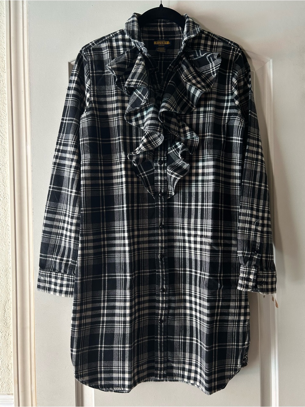Ralph Lauren Rugby Black White Plaid Ruffle Cotton Silk Shirt Dress Size S Women
